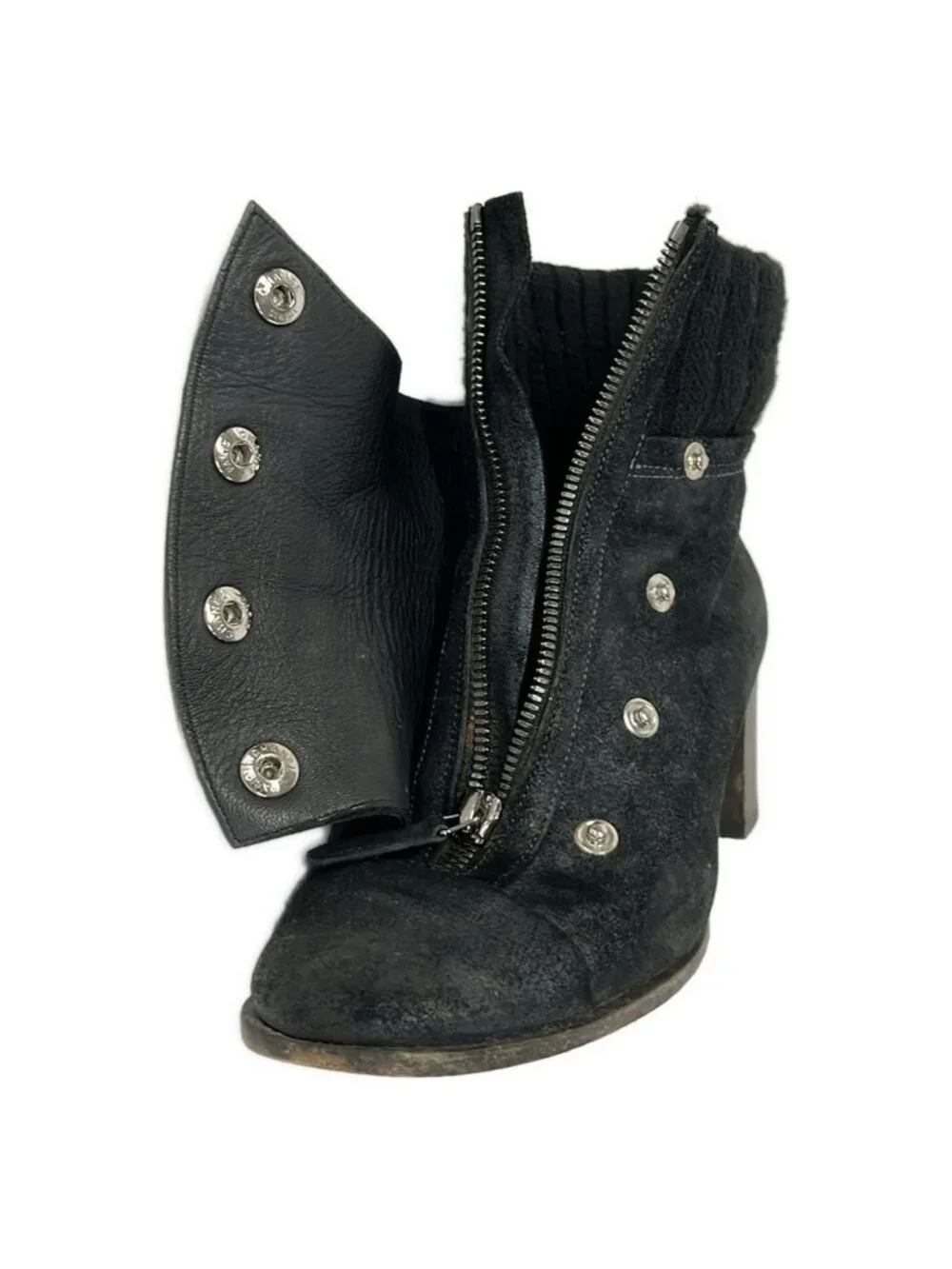 Chanel Short Boots 37 C Black Silver Wool